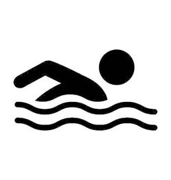Ein stilisiertes Piktogramm zeigt eine Person, die schwimmt, dargestellt durch eine schwarze Figur über wellenförmigen Linien.